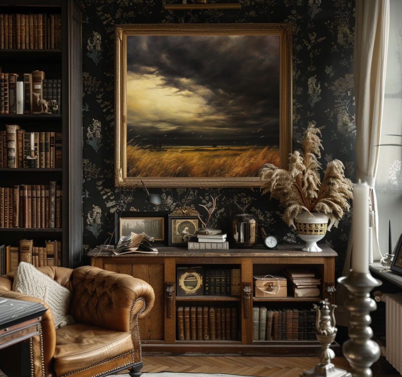 Cozy vintage-style living room with leather armchair and dramatic landscape painting.