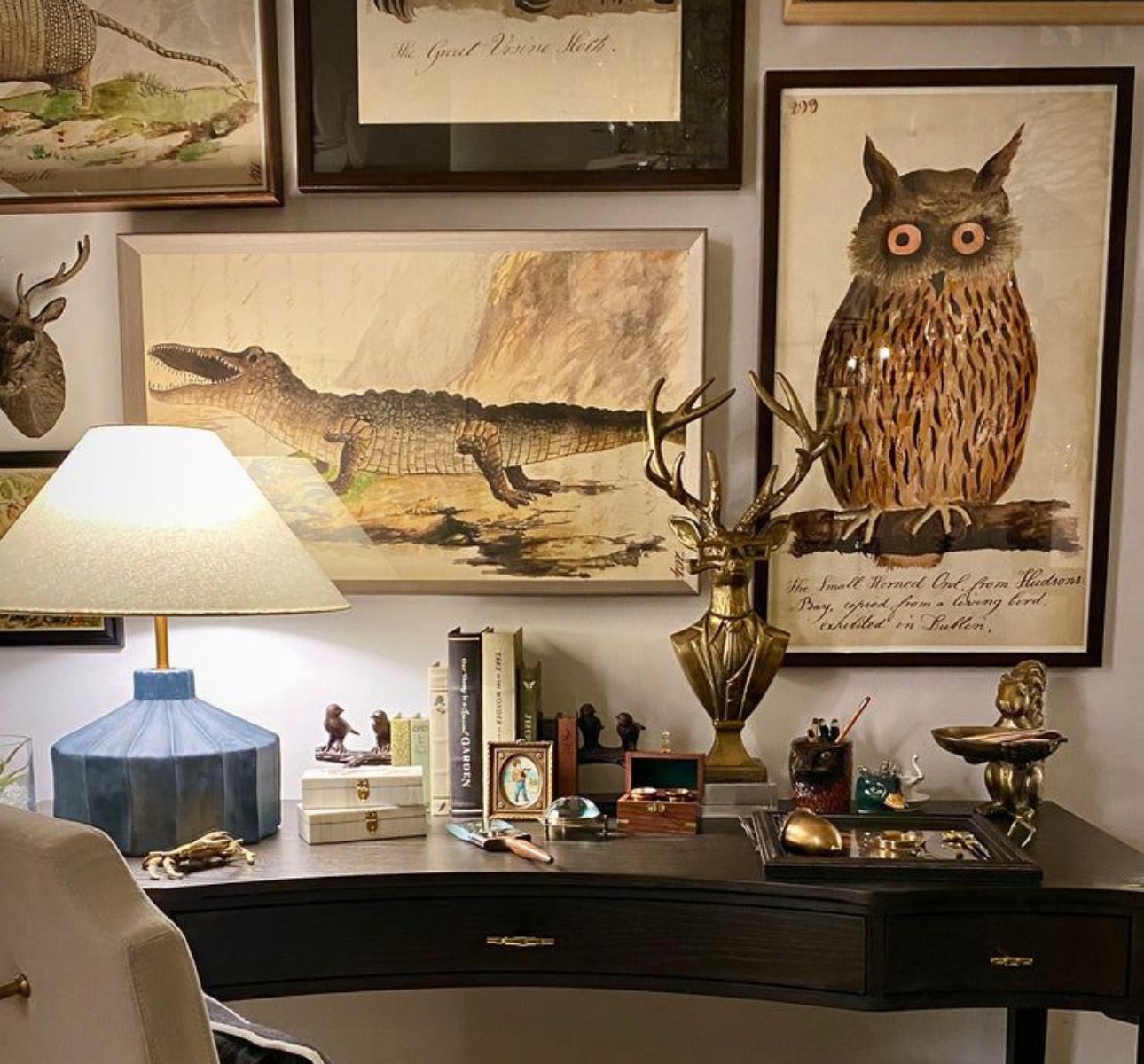 Cozy desk setup with an owl poster and a blue lamp.