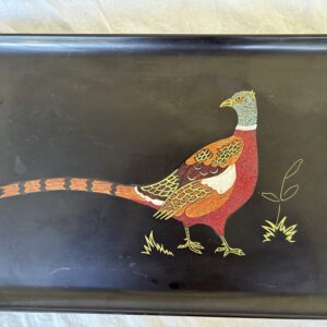 Decorative tray with a colorful pheasant illustration.